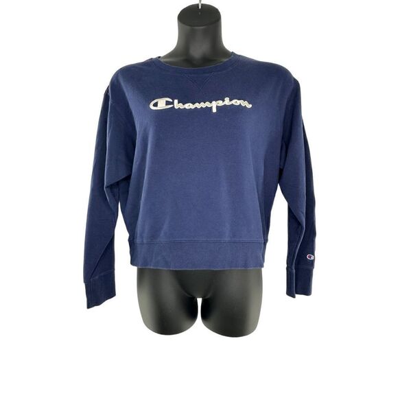 Champion Women's Navy Blue Crew Neck Long Sleeve Cropped Sweatshirt Size Large - Picture 1 of 5